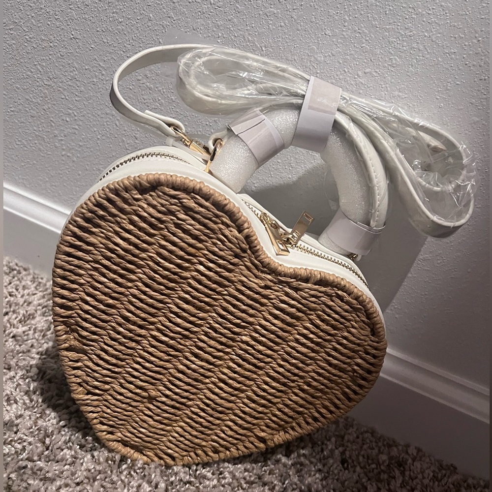 Tan and White Mini Heart Bag with Woven Design